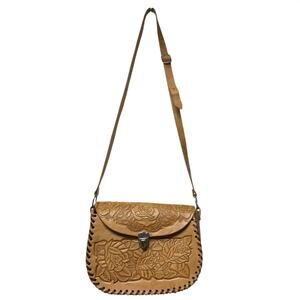Mexican Genuine Leather Tan Shoulder Bag Hand Tooled Floral Embossed Western